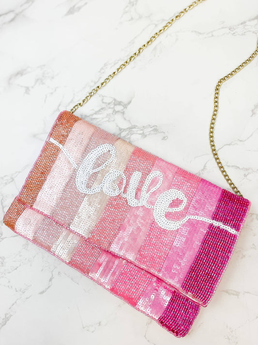 'Love' Stripe Beaded Clutch