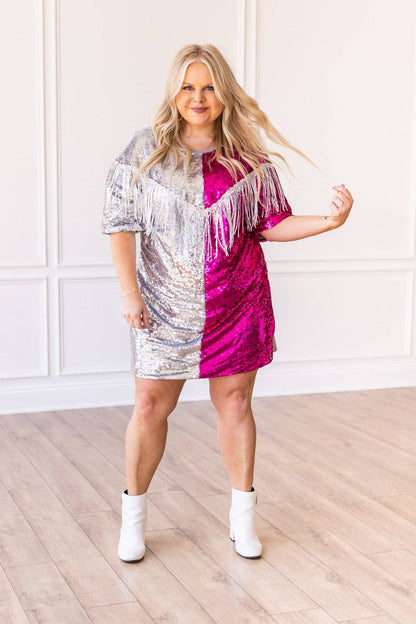 Putting On A Show Sequin Dress With Fringe