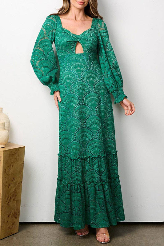 LONG SLEEVE FRONT CUT OUT ALL OVER LACE MAXI DRESS